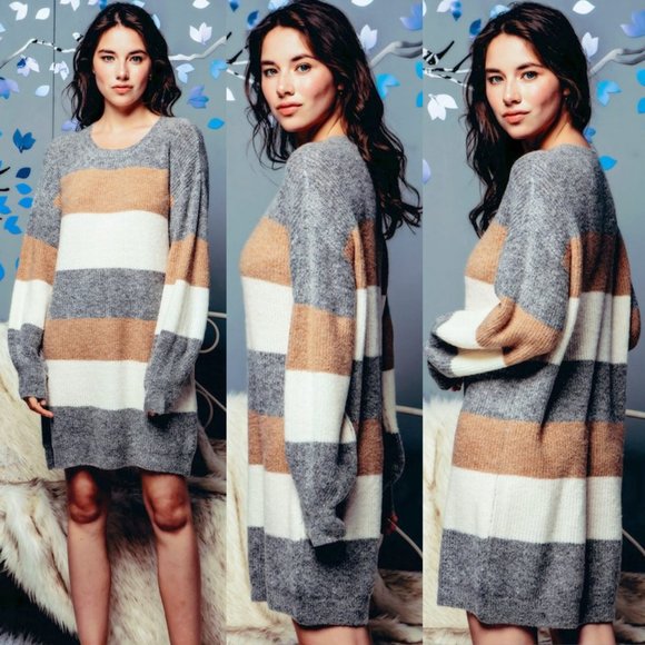 NEW Neutral Stripe Colorblock Soft Sweater Dress - Picture 8 of 13